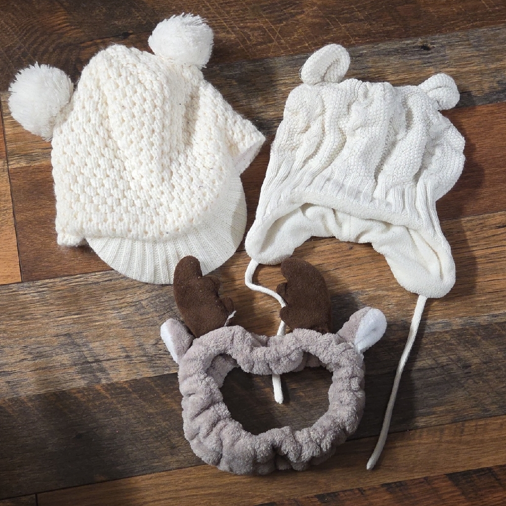 Cozy White and Brown Kids Winter Hat Set